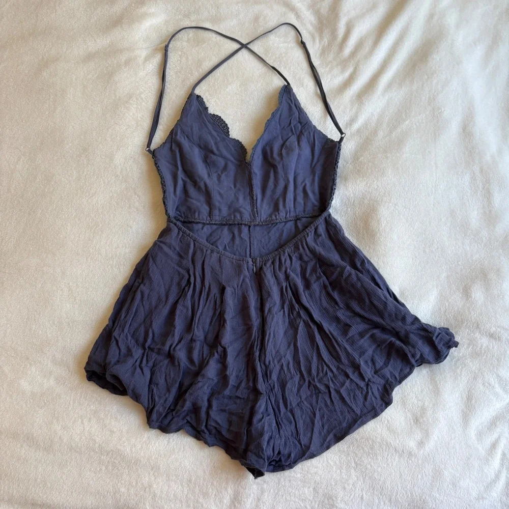 Boho Crochet Lace Backless Romper Navy Blue Festival Summer Sun Dress Size M - Picture 2 of 13